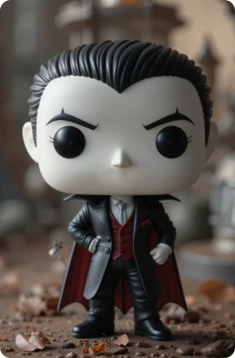Figurine Funko Pop de méchant classique avec cape sombre et costume élégant