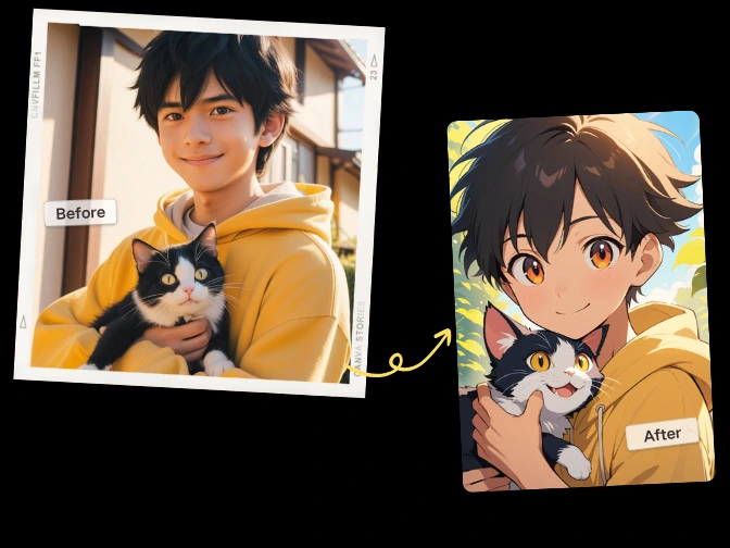 猫を抱えた少年が、写真からアニメ風漫画スタイルに変換された例