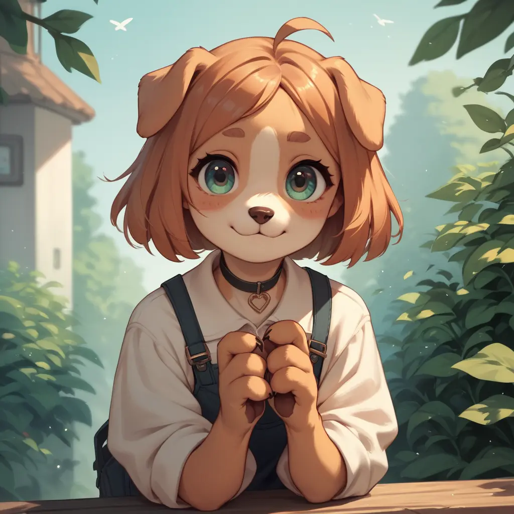 晴れた庭で笑顔のかわいい漫画犬の女の子