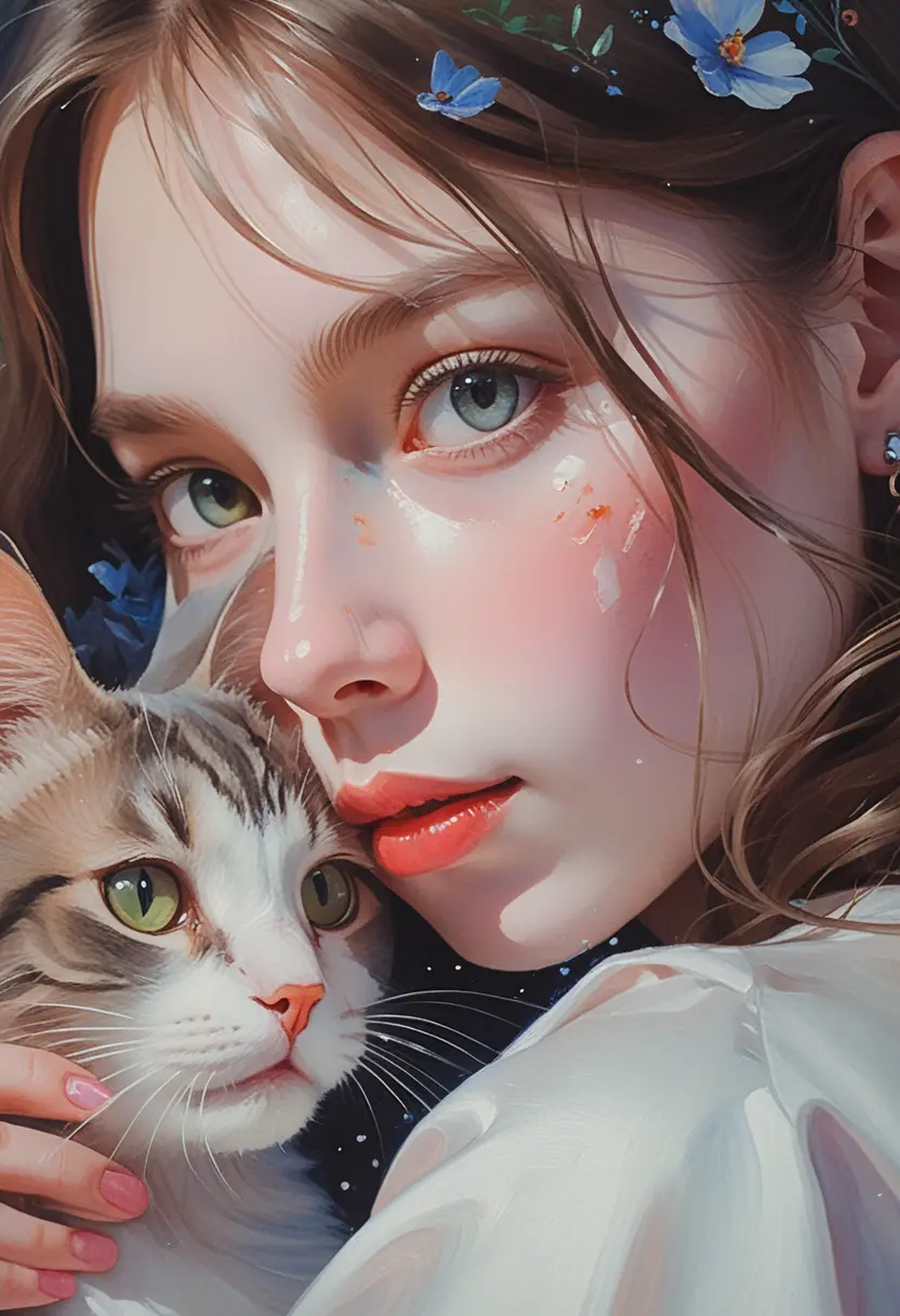 猫を顔の近くで抱きしめる、やわらかなタッチのアニメ漫画風の女の子