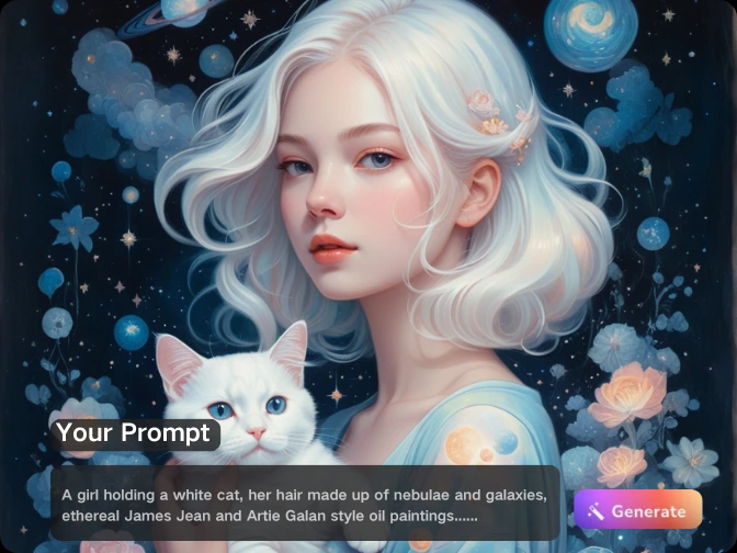 Chica de dibujo animado con IA sosteniendo un gato blanco con fondo de galaxia de ensueño