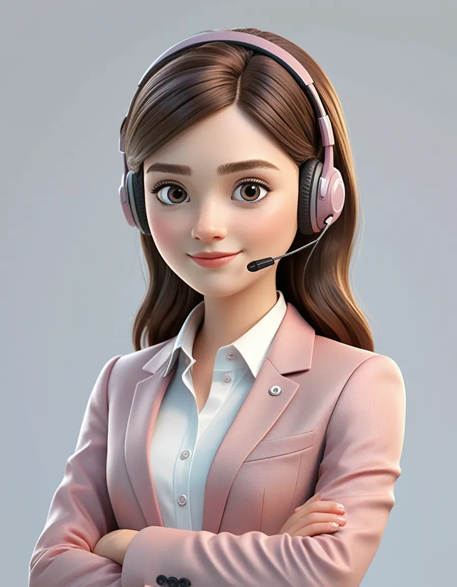 ピンクのヘッドセットとブレザーを着た3D漫画風の女の子