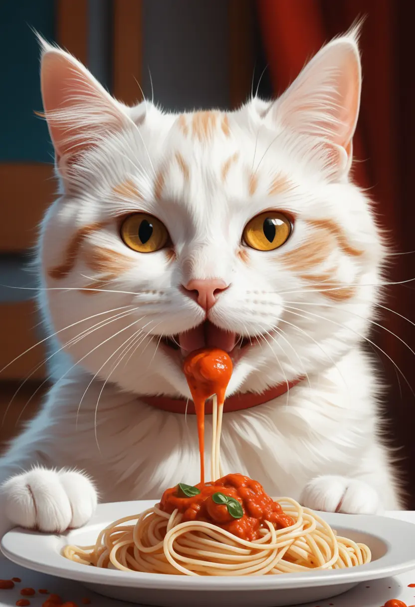 トマトソースのスパゲッティを食べるおもしろい漫画猫