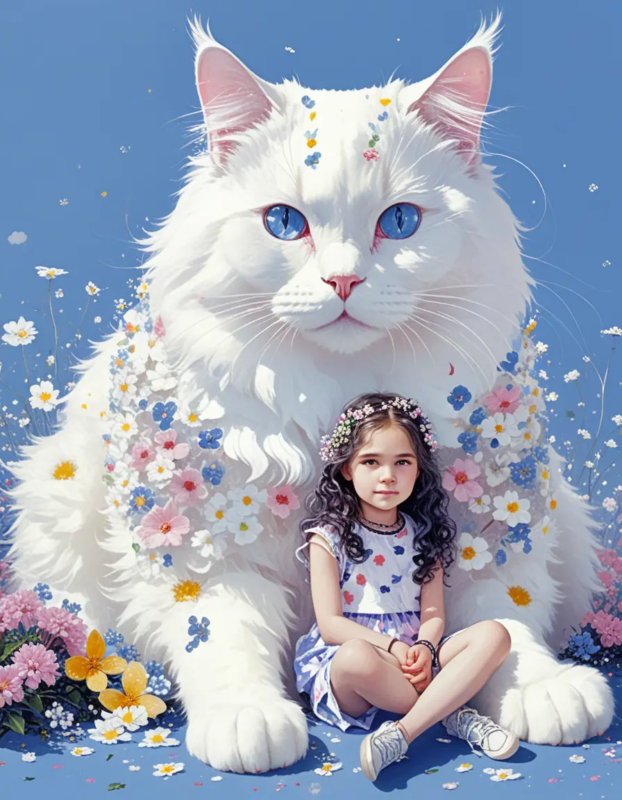 Little girl sitting with a giant white cat surrounded by flowers