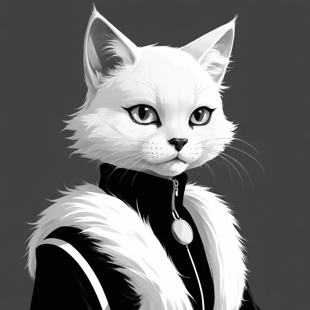 白黒スタイルで描かれた上品な白い漫画猫のポートレート