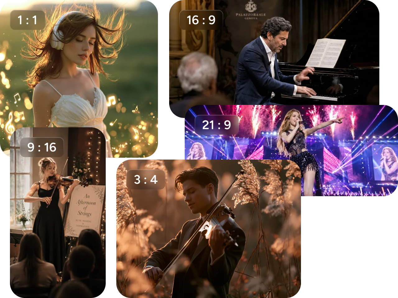 a collage of people playing music, singing, and listening with headphones