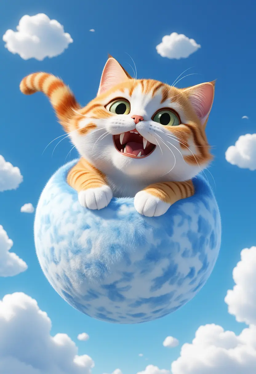 Cute orange cartoon cat flying on a fluffy cloud