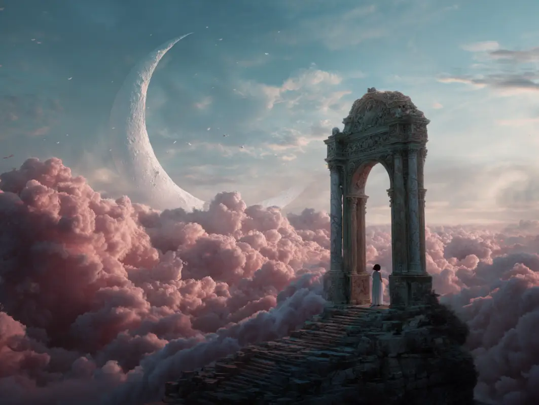 a gate stands in the sky with pink clouds and the moon