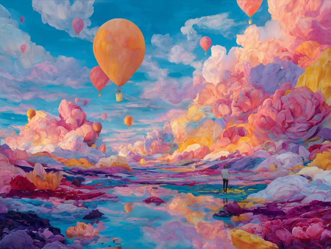 a man watching a hot air balloon over a river