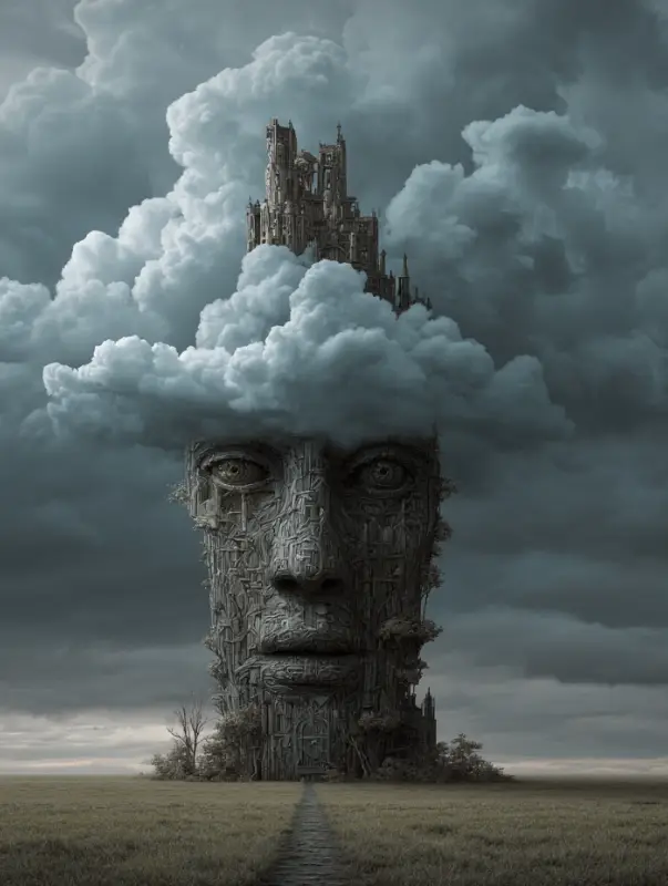 the upper end of a human-faced building is obscured by clouds