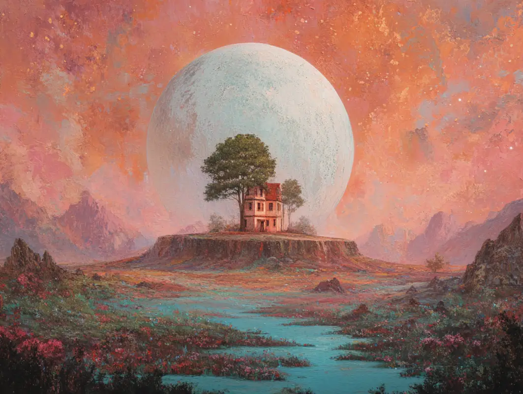 a house with a big moon behind it