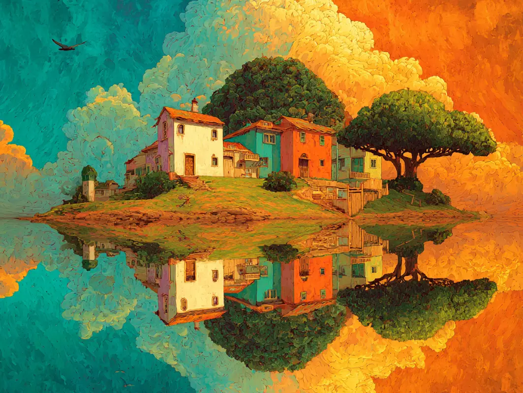 a hut by the river is reflected in the water