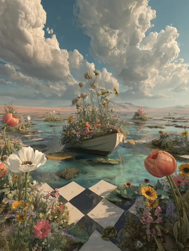 a boat full of flowers on the water