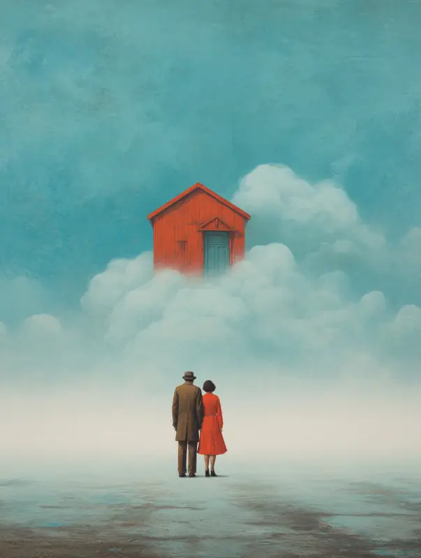 a couple looking at a red house in the clouds