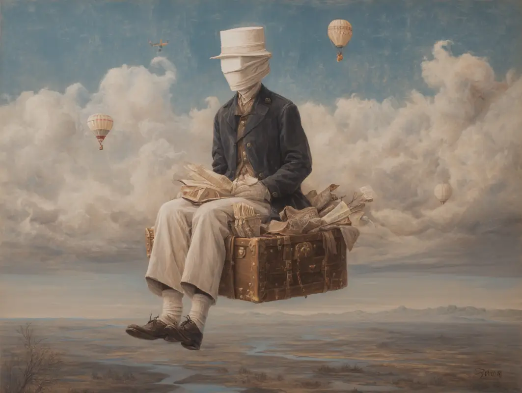 a man sitting on a wooden box flying in the clouds