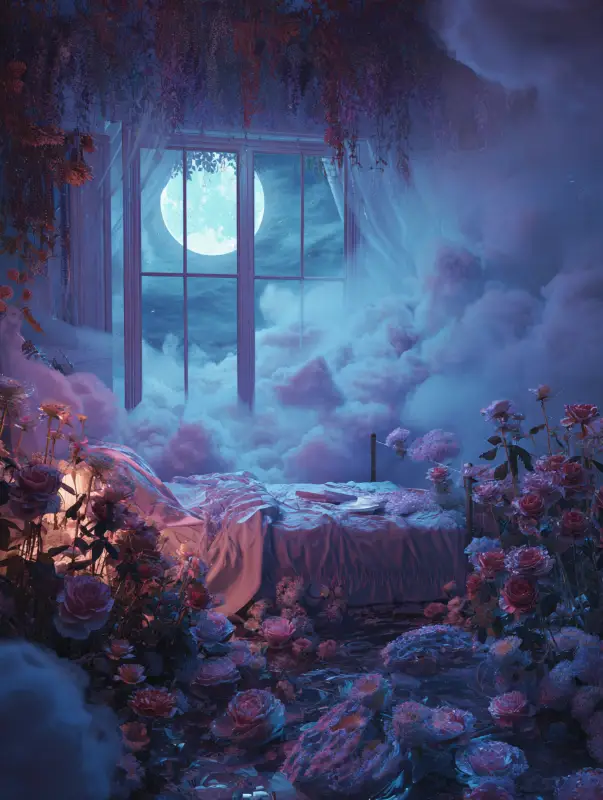 a moon outside the window of a room filled with flowers and clouds of smoke