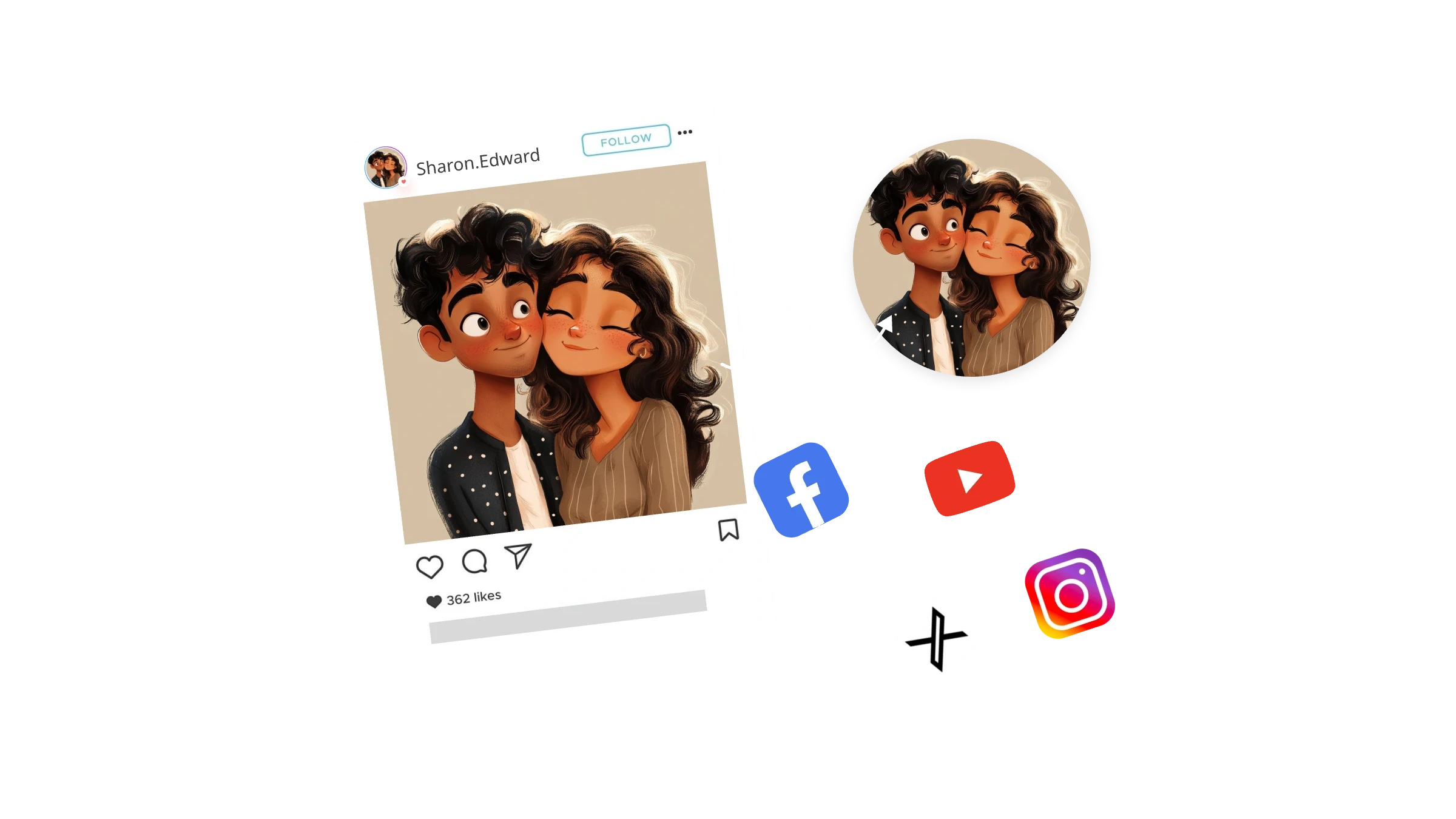 Diseño de avatar de pareja romántica tipo dibujo animado para perfil de redes sociales