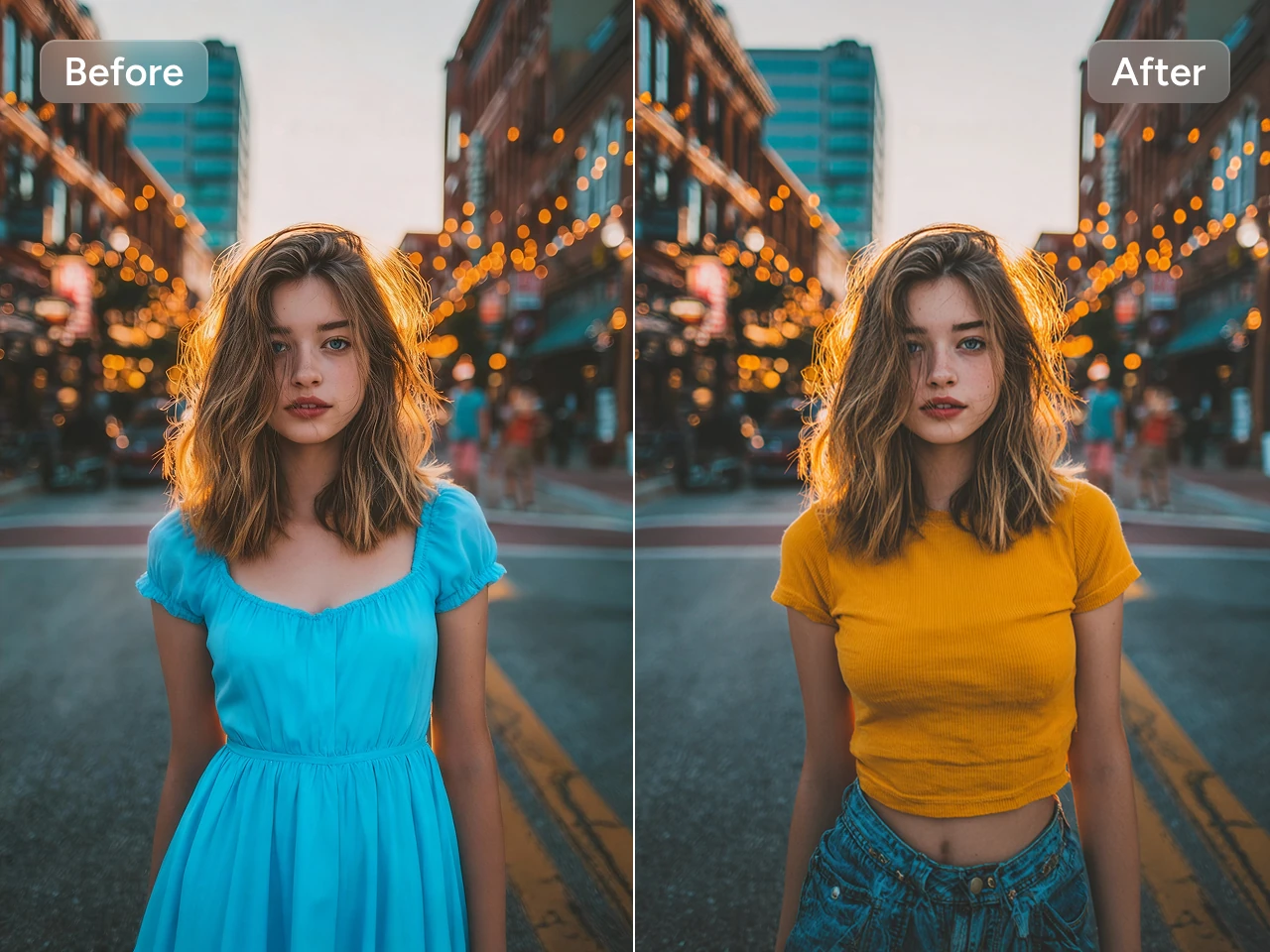 usando Nano Banana Pro se cambia el vestido azul de la chica por una camiseta naranja y vaqueros