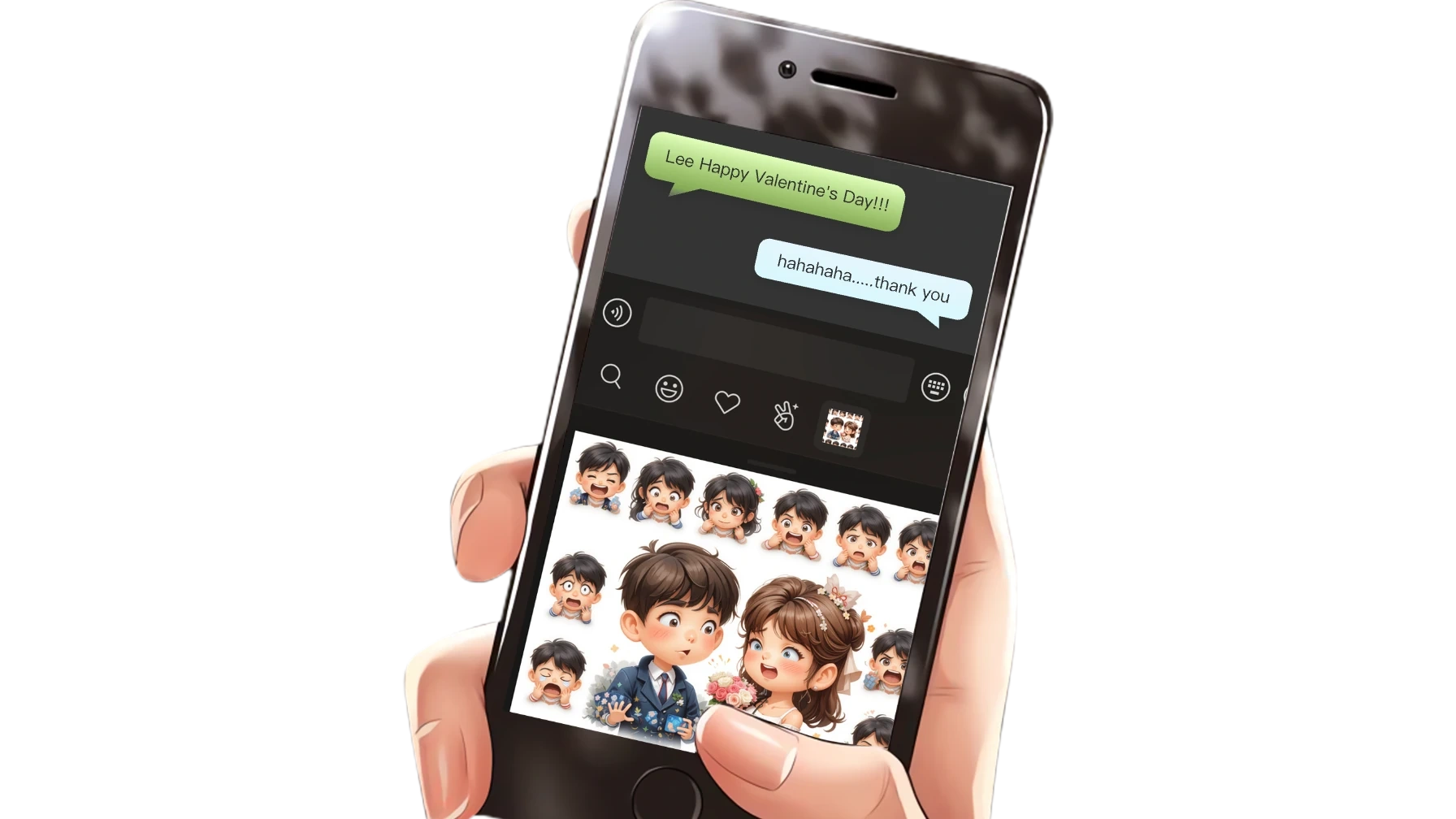 Chat de móvil en San Valentín con ilustración de sticker de pareja adorable