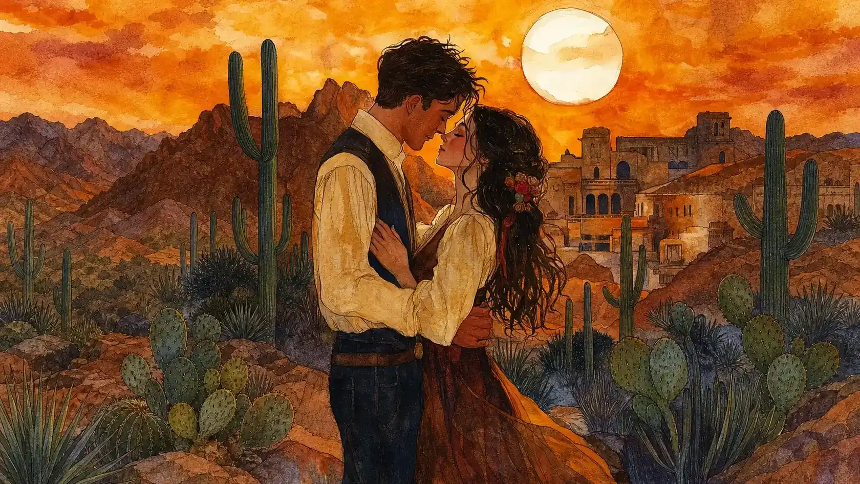 Ilustración acuarela de pareja romántica en un atardecer en el desierto