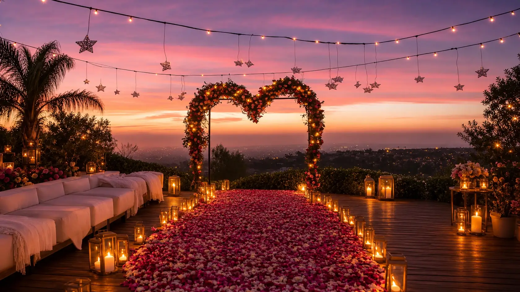 Escena romántica de San Valentín al aire libre con arco de corazones y velas
