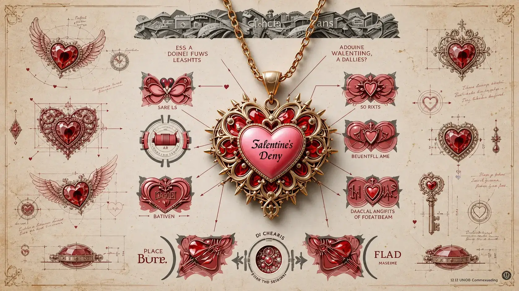 Diseño ornamentado de collar de corazón de San Valentín con bocetos de joyería
