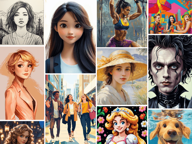 AI art style collage showing portraits and scenes in different illustration styles