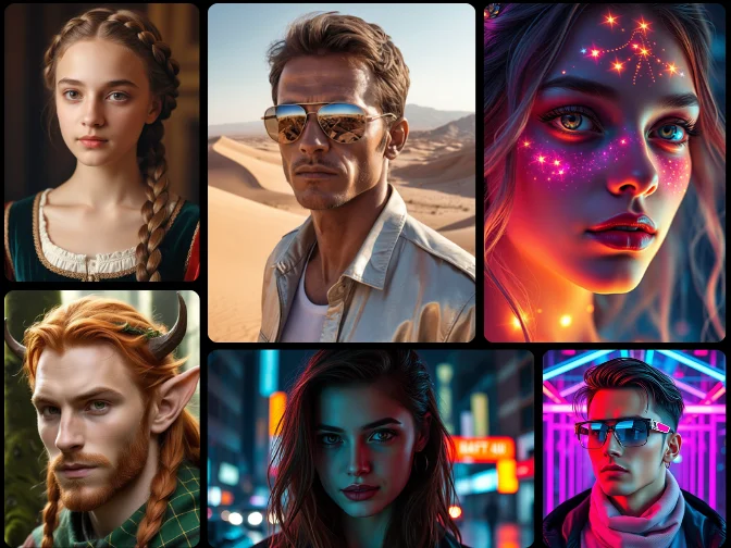 AI face generator banner with realistic, fantasy, and cyberpunk portraits