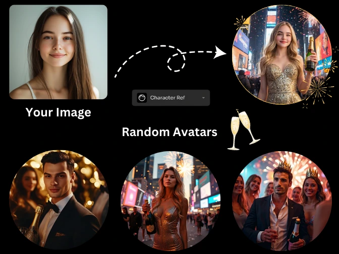 AI New Year avatar generator showing random festive party portraits