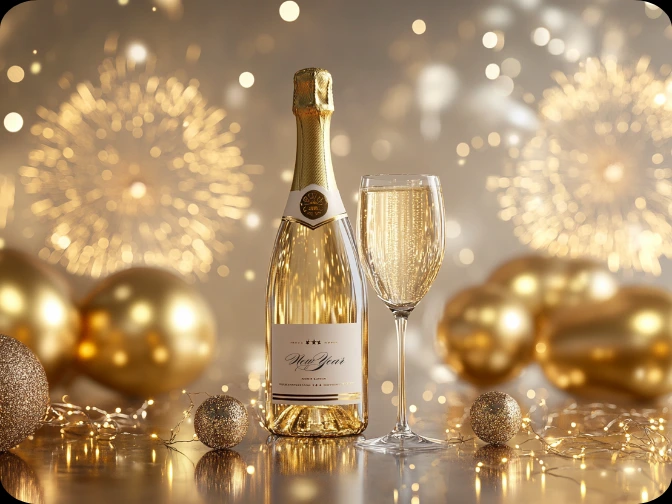 New Year champagne bottle and glass with golden fireworks background