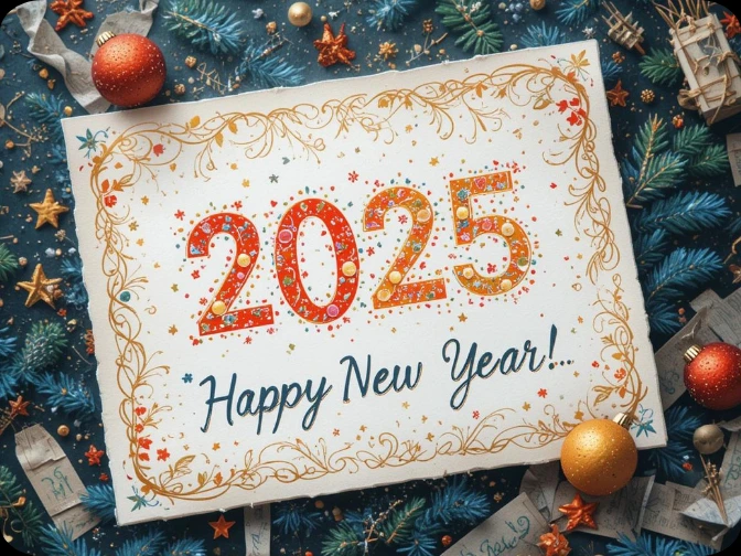 Happy New Year 2025 greeting card with festive ornaments and pine branches