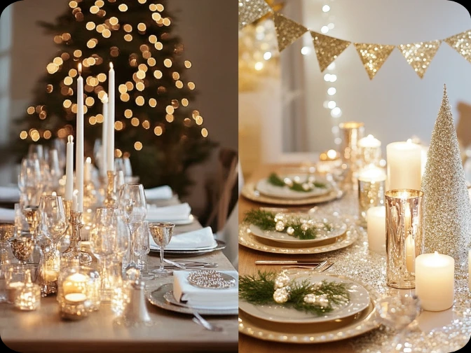 Elegant New Year table decorations with candles, lights, and gold accents