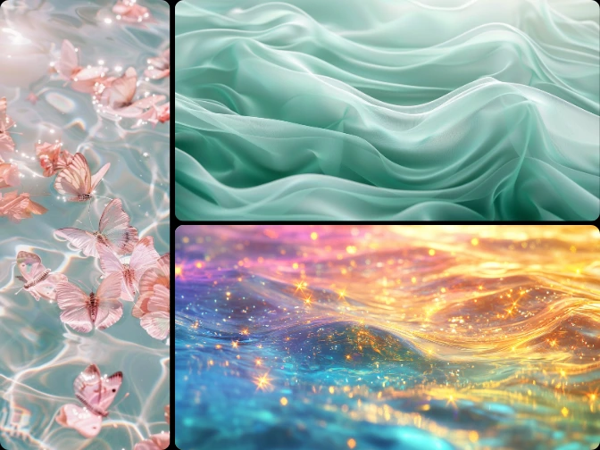 Aesthetic AI wallpaper collage with butterflies, soft fabric, and glowing water