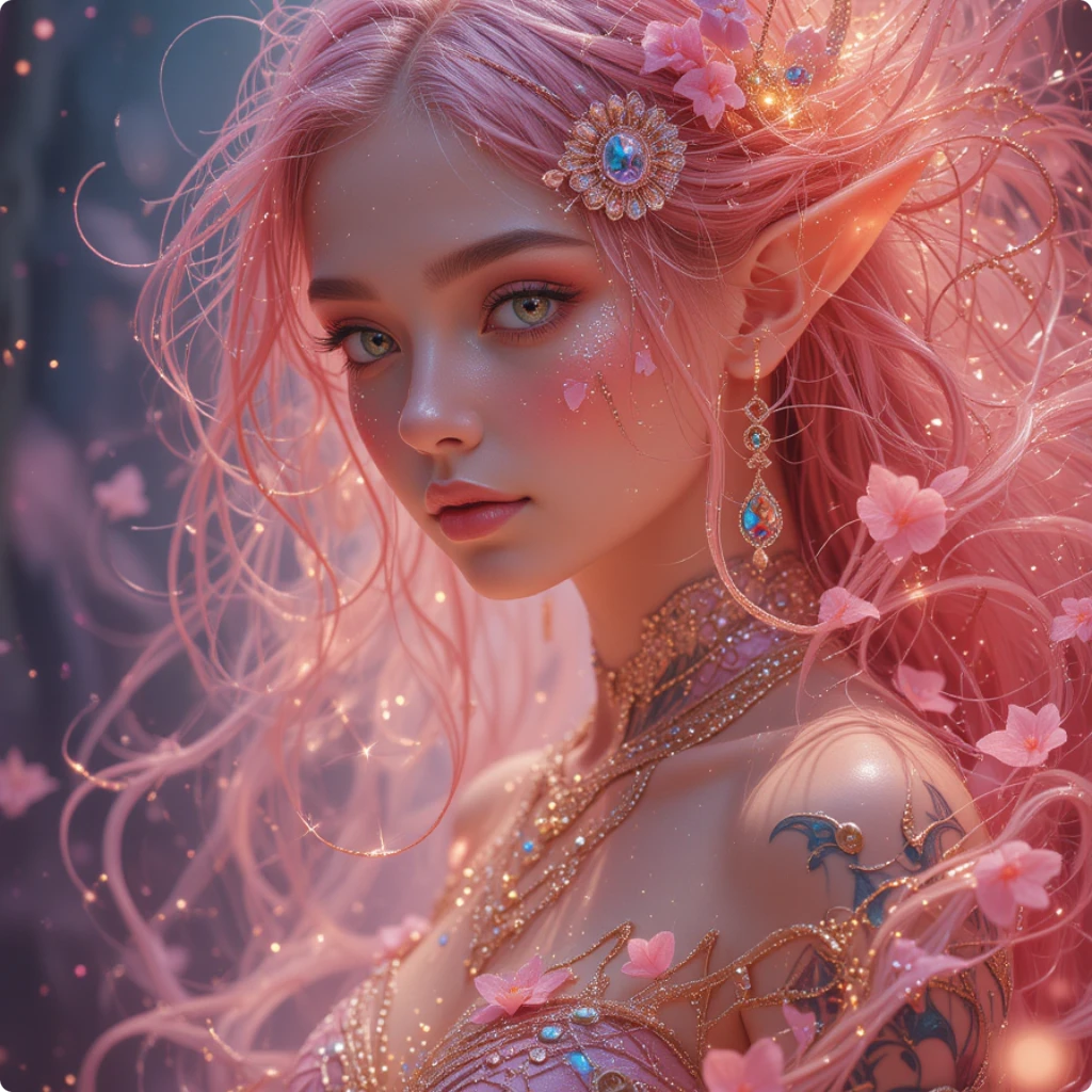 personaggio fantasy con capelli rosa
