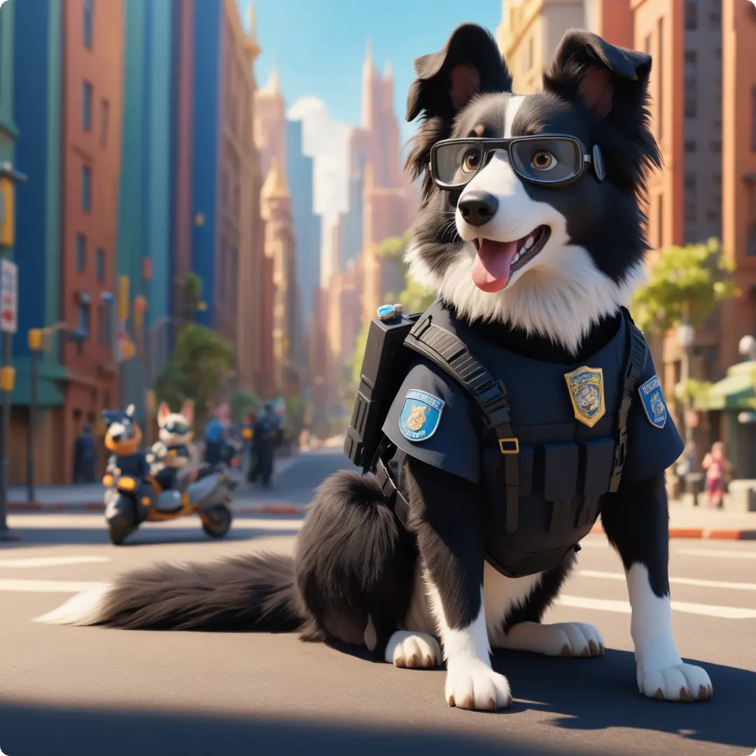 戴眼鏡的 3D 卡通警犬，站在城市街道上