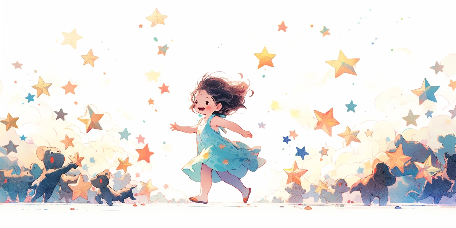 小卡通女孩開心地追逐彩色星星，身旁有活潑的小動物