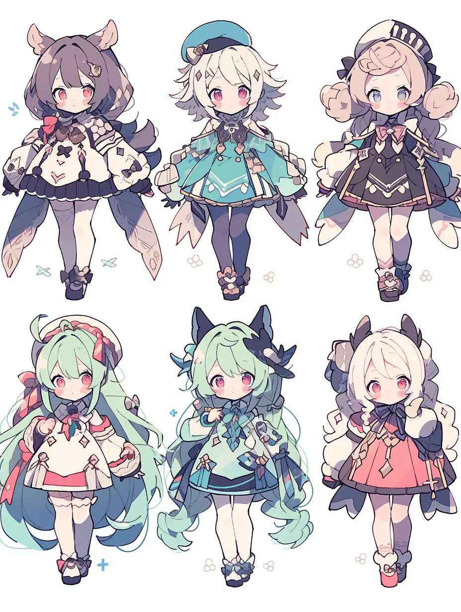 六位可愛奇幻女孩的 Q 版角色設定圖