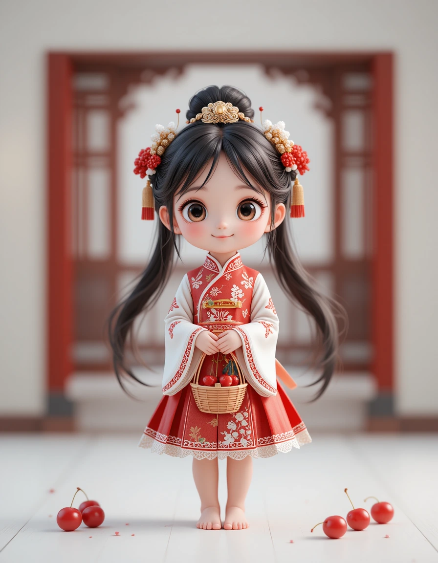 可愛的 3D 卡通女孩，身穿中國傳統服飾，手提籃子