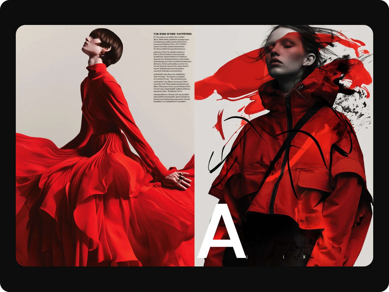 dois layouts de página de revista com duas mulheres vestindo vermelho