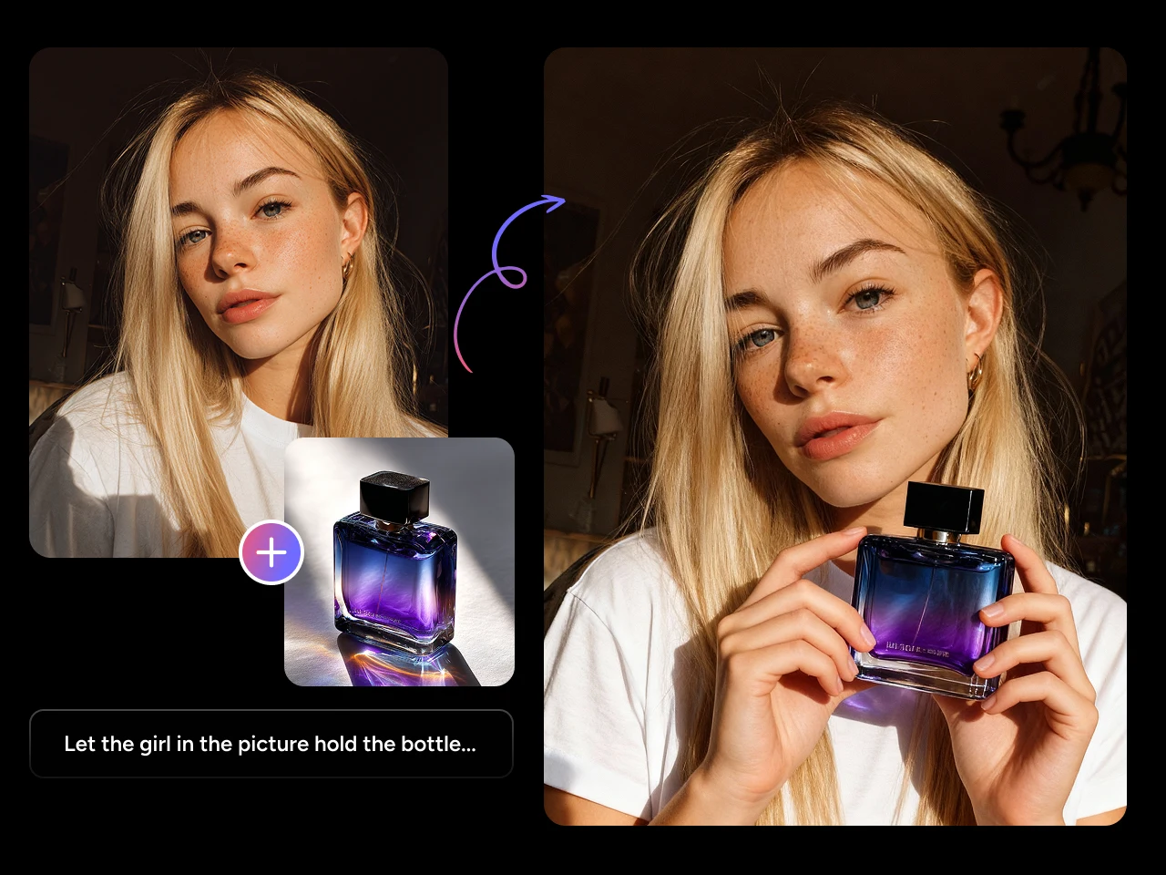 use o qwen ai para combinar a foto de uma mulher e um perfume em uma imagem dela segurando esse perfume
