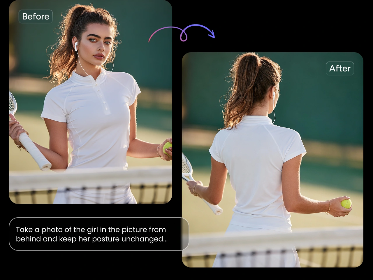 uma vista de costas gerada a partir de uma vista frontal de uma jogadora de tênis pelo editor de imagens qwen