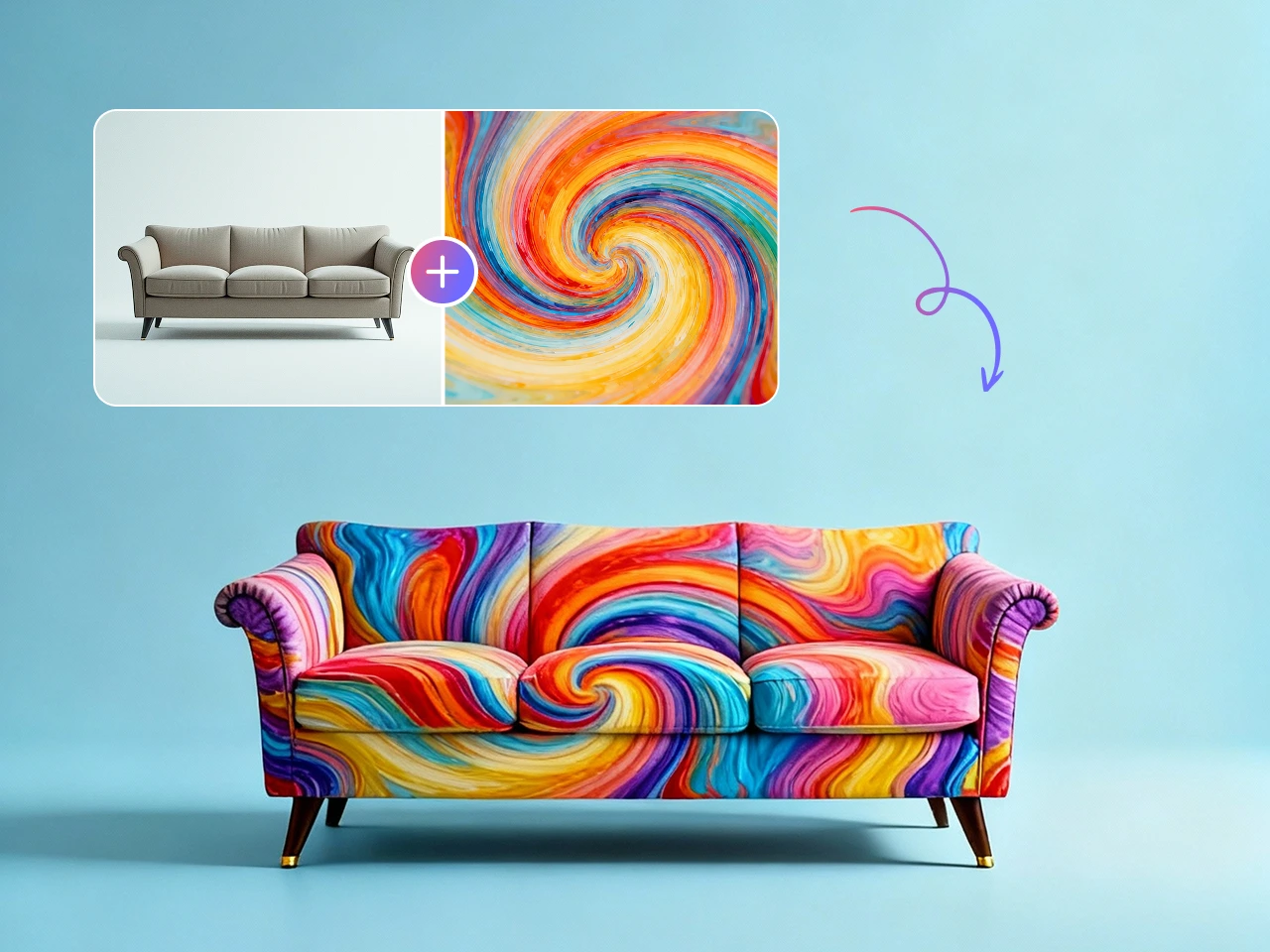 Rainbow-colored sofa merchandise image combined from two photos via qwen ai
