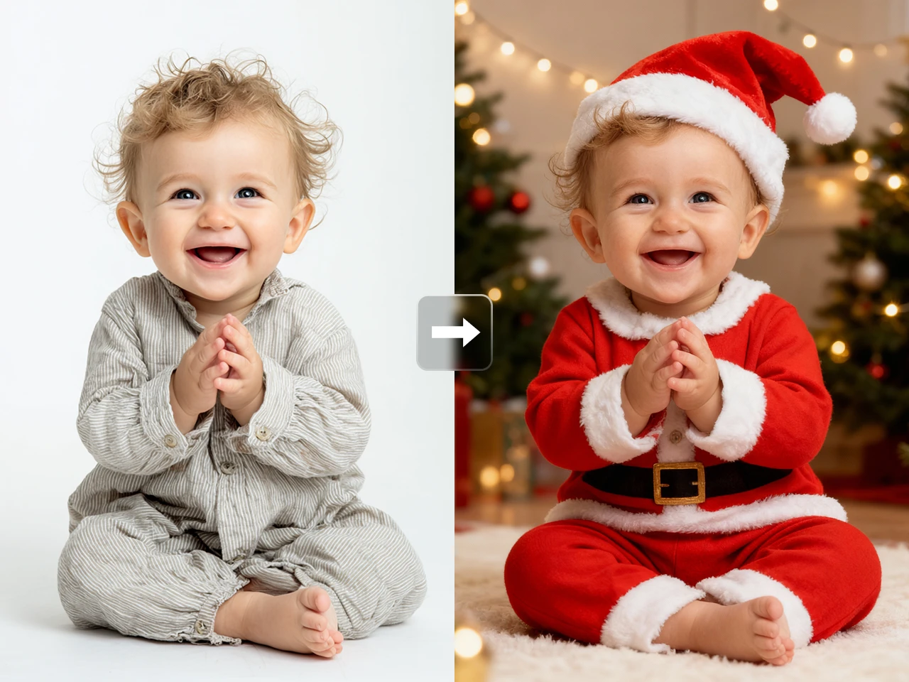 before and after effect of using qwen ai to change the baby's suit into christmas suit