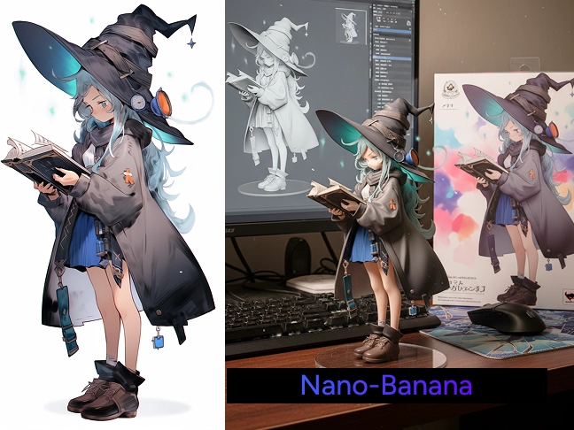 efeito de antes e depois usando o nano banana para criar uma miniatura de bruxa a partir de uma imagem