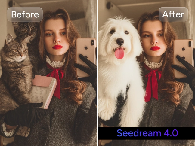 efeito de antes e depois usando o seedream 4.0 para trocar o gato por um cachorro no colo de uma mulher