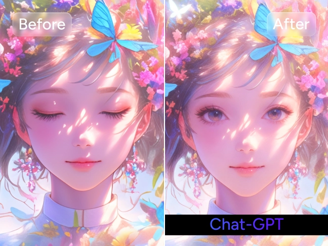 efeito de antes e depois usando o gpt-4o para criar uma garota de anime abrindo os olhos