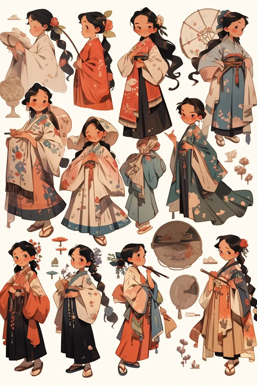 穿著中國傳統服飾的卡通女孩角色設定圖
