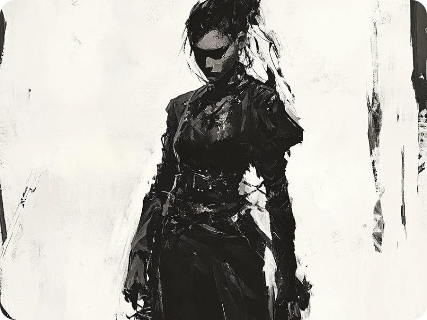 un personnage féminin IA en noir et blanc