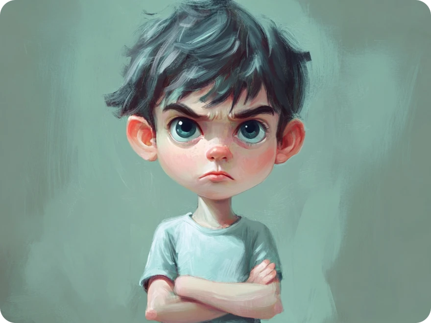 un garçon de dessin animé qui fronce les sourcils avec un t-shirt bleu