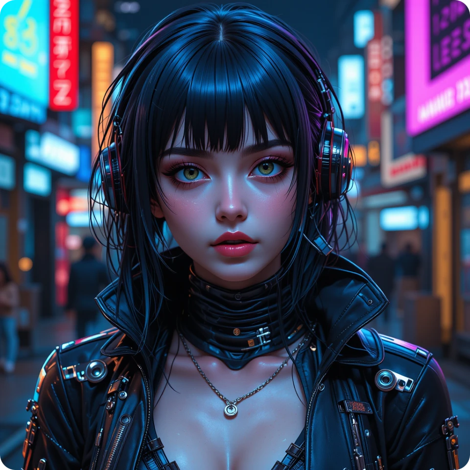 une fille style cyberpunk avec des écouteurs debout dans la rue